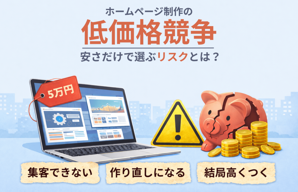 低価格ホームページ制作のリスクと失敗を分かりやすく示したイメージ