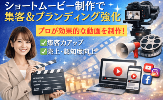 ショートムービー制作や動画広告をイメージした女性とカメラ機材のアイキャッチ画像