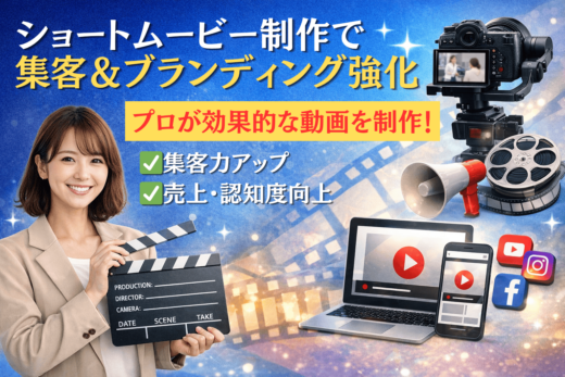 ショートムービー制作や動画広告をイメージした女性とカメラ機材のアイキャッチ画像