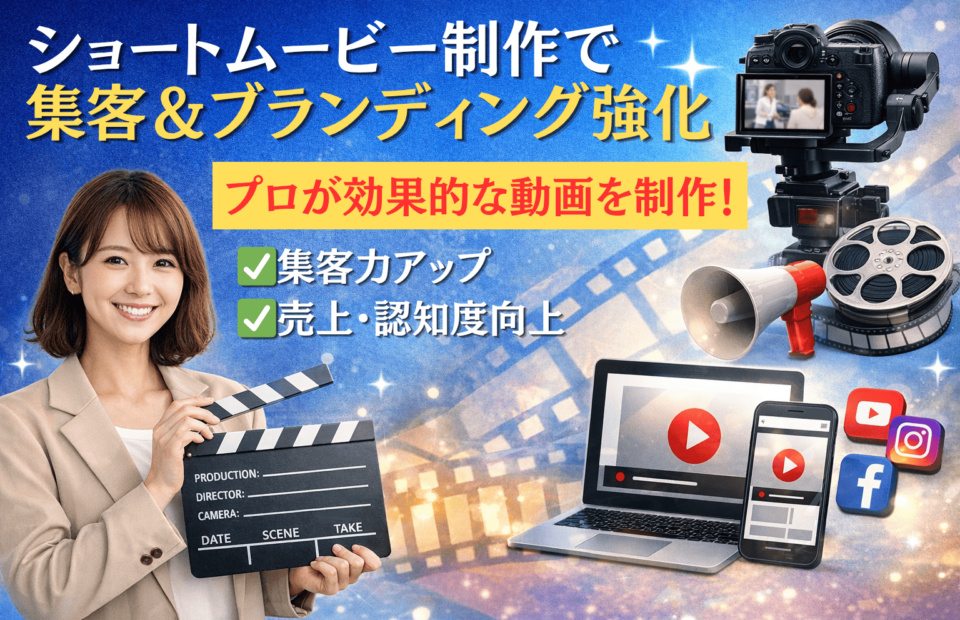 ショートムービー制作や動画広告をイメージした女性とカメラ機材のアイキャッチ画像
